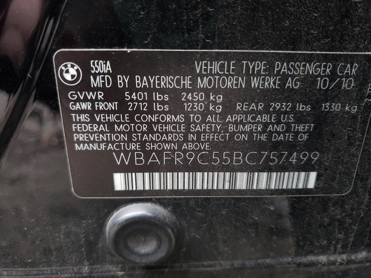 Photo 10 from auction – 2011 BMW 550 I with VIN WBAFR9C55BC757499