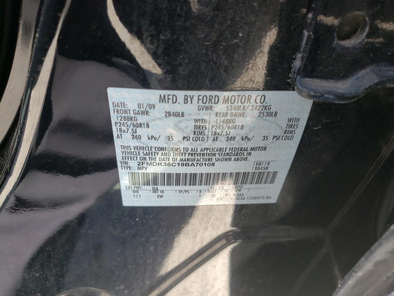 Photo 10 from auction – 2009 FORD EDGE SEL with VIN 2FMDK38C19BA70108