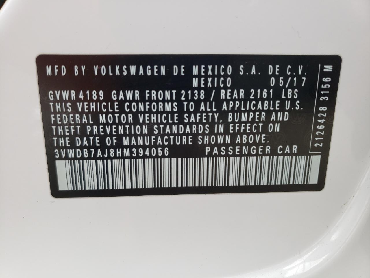 Photo 10 from auction – 2017 VOLKSWAGEN JETTA SE with VIN 3VWDB7AJ8HM394056