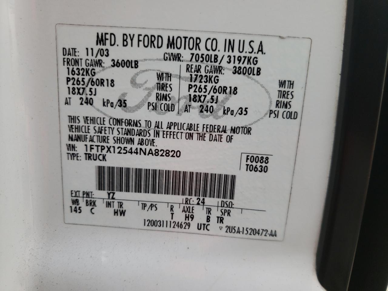 Photo 10 from auction – 2004 FORD F150 with VIN 1FTPX12544NA82820