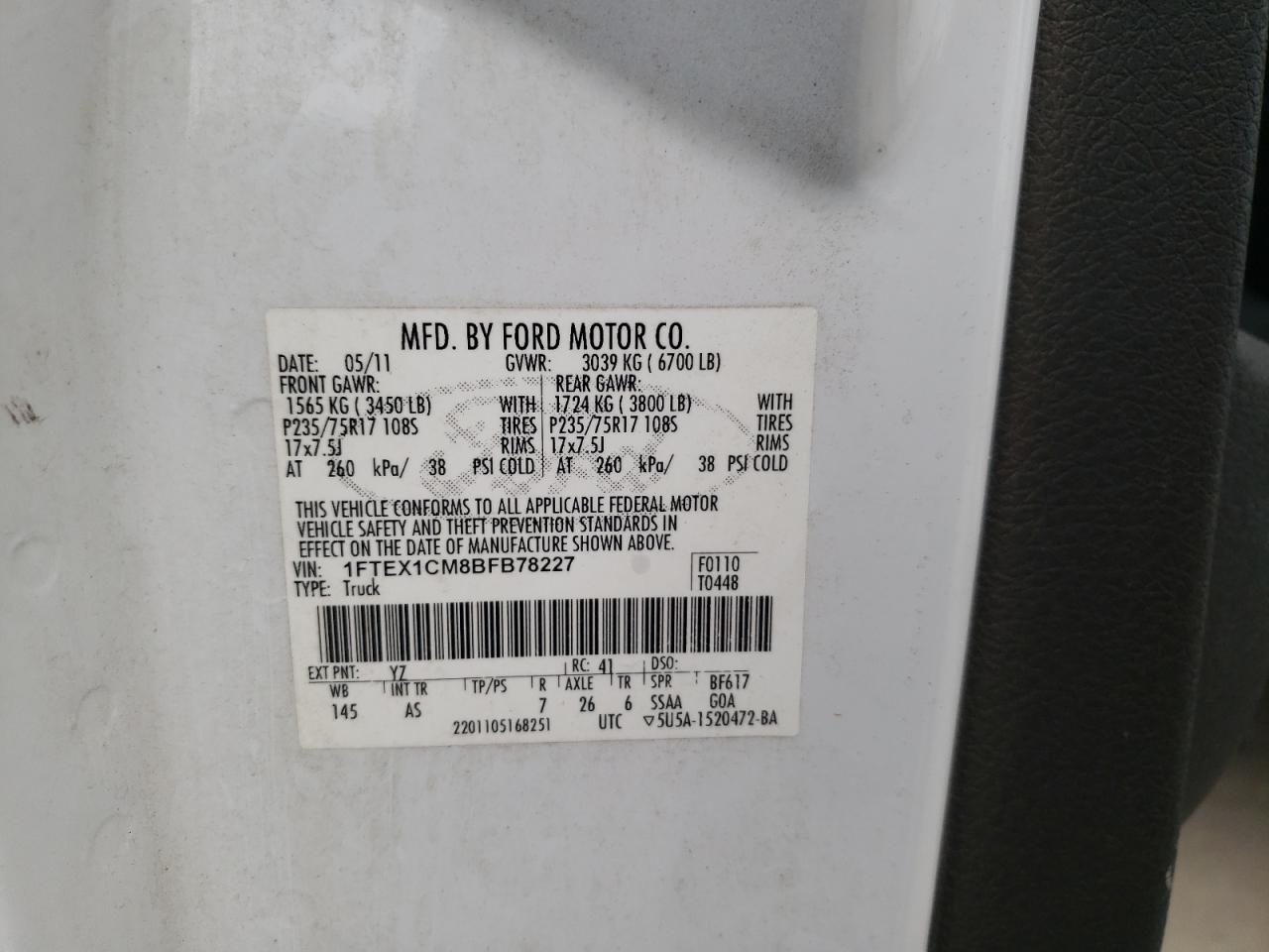 صورة رقم 10 من المزاد - 2011 FORD F150 SUPER مع VIN 1FTEX1CM8BFB78227