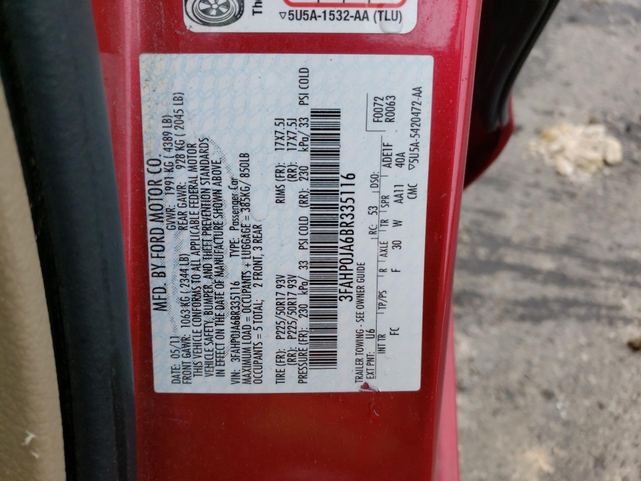 Photo 10 from auction – 2011 FORD FUSION SEL with VIN 3FAHP0JA6BR335116