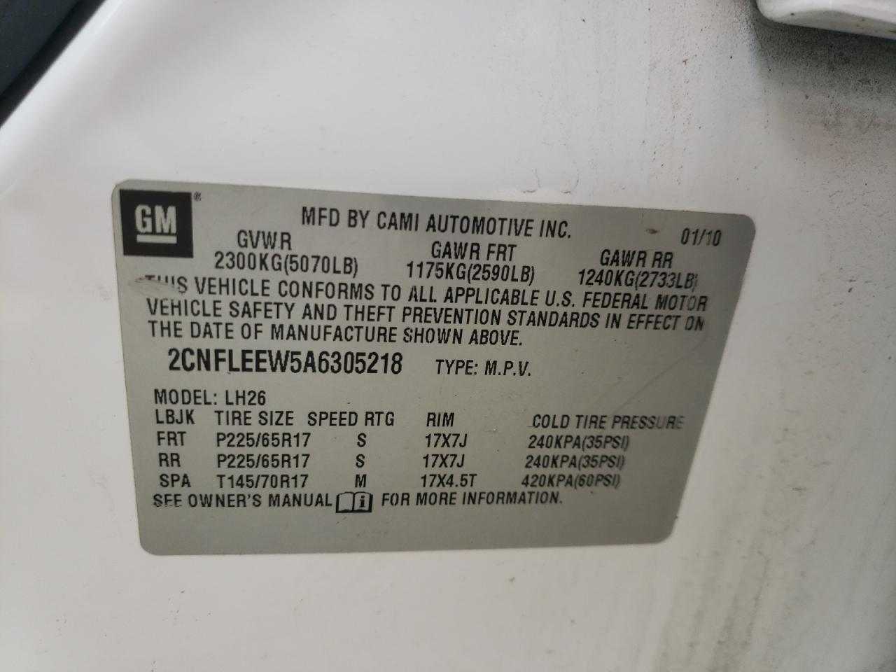 Photo 10 from auction – 2010 CHEVROLET EQUINOX with VIN 2CNFLEEW5A6305218