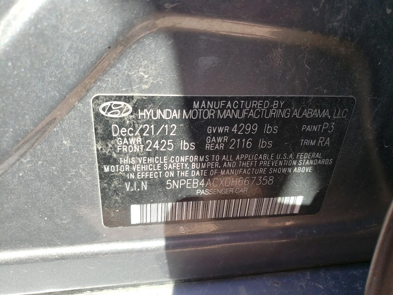 Photo 10 from auction – 2013 HYUNDAI SONATA GLS with VIN 5NPEB4ACXDH667358