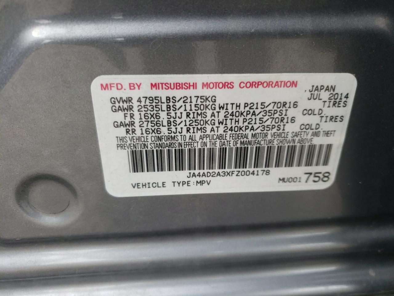 Photo 10 from auction – 2015 MITSUBISHI OUTLANDER with VIN JA4AD2A3XFZ004178