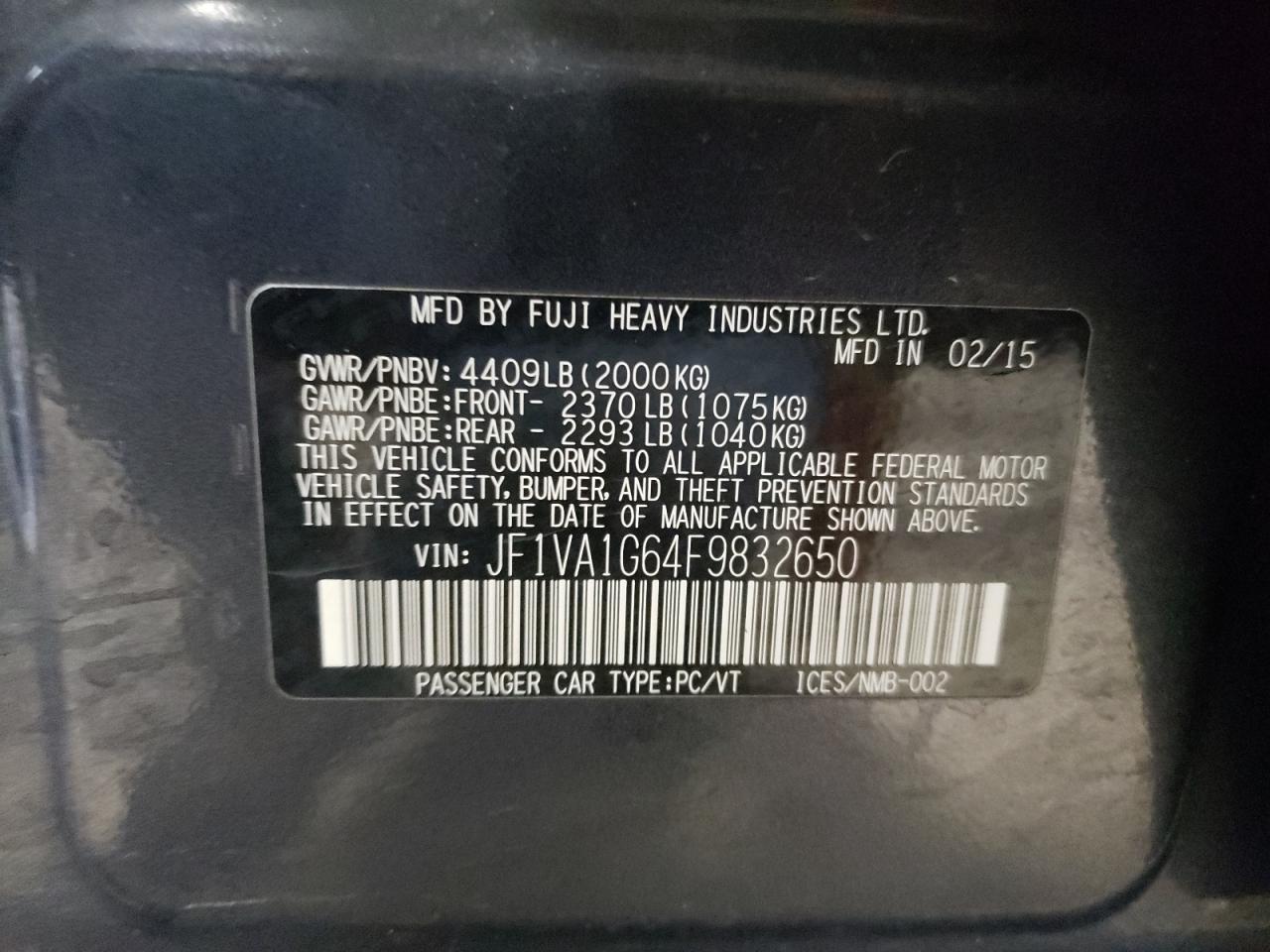 Photo 10 from auction – 2015 SUBARU WRX LIMITE with VIN JF1VA1G64F9832650