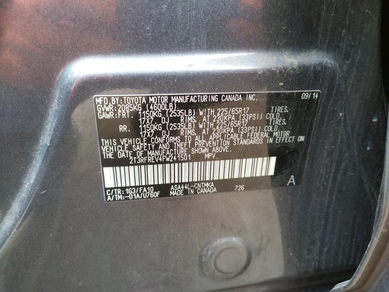 Photo 10 from auction – 2015 TOYOTA RAV4 XLE with VIN 2T3RFREV4FW241501