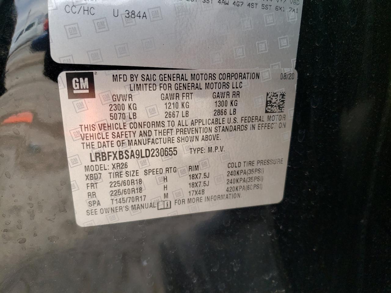 Photo 10 from auction – 2020 BUICK ENVISION P with VIN LRBFXBSA9LD230655