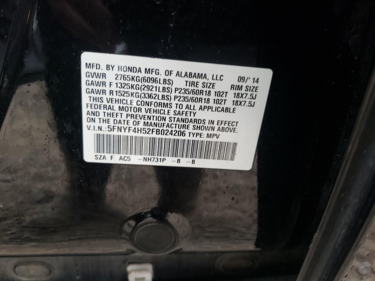 Photo 10 from auction – 2015 HONDA PILOT EXL with VIN 5FNYF4H52FB024206