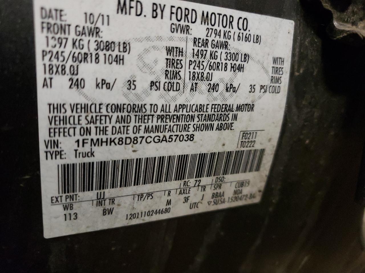 Photo 10 from auction – 2012 FORD EXPLORER X with VIN 1FMHK8D87CGA57038