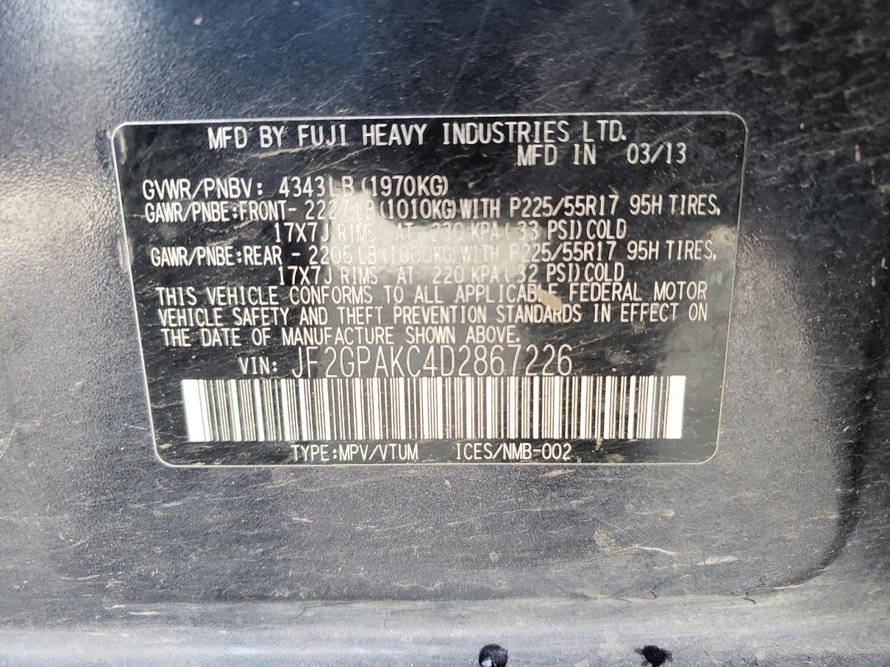 Photo 10 from auction – 2013 SUBARU XV CROSSTR with VIN JF2GPAKC4D2867226
