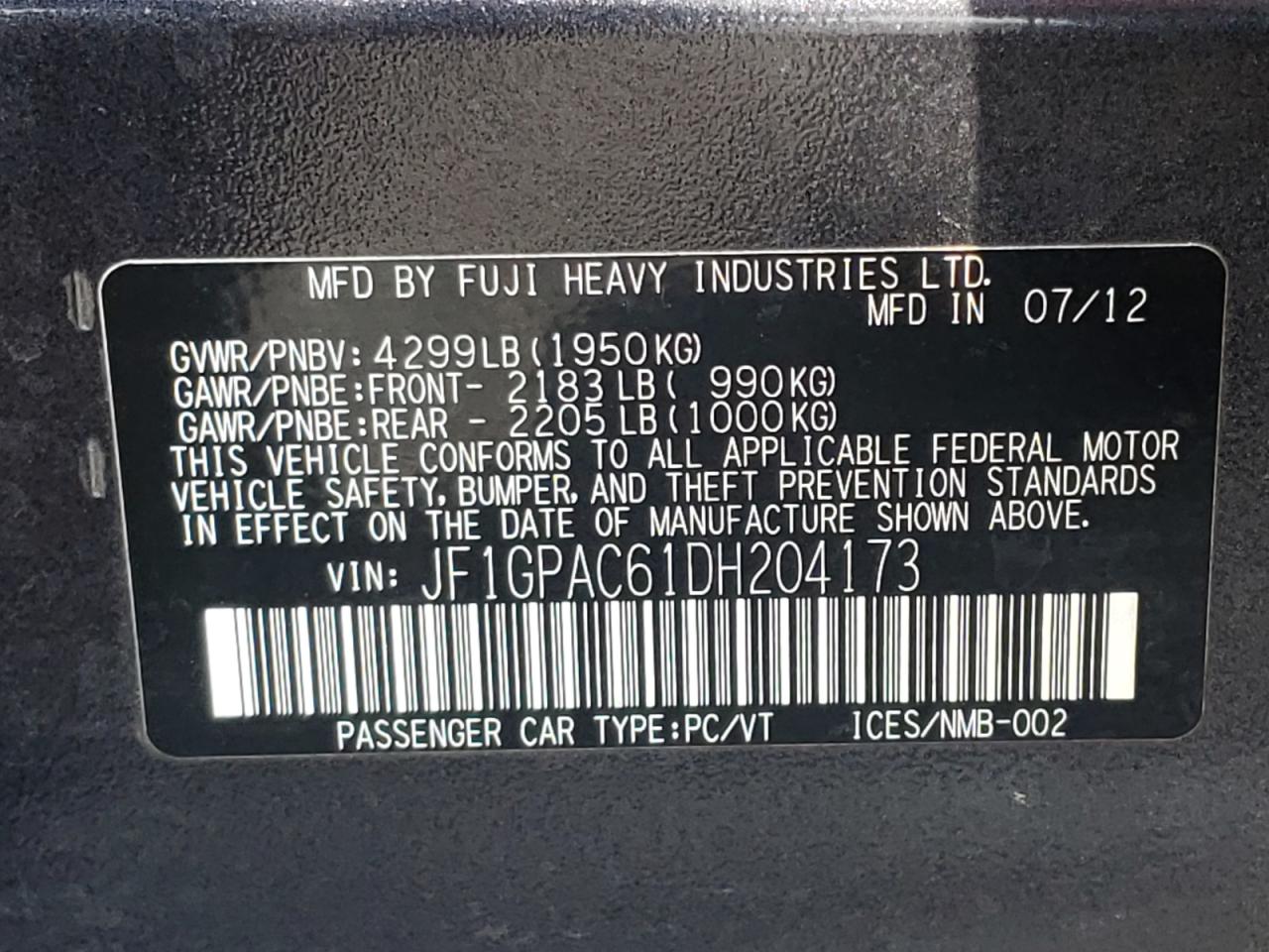 Photo 10 from auction – 2013 SUBARU IMPREZA PR with VIN JF1GPAC61DH204173