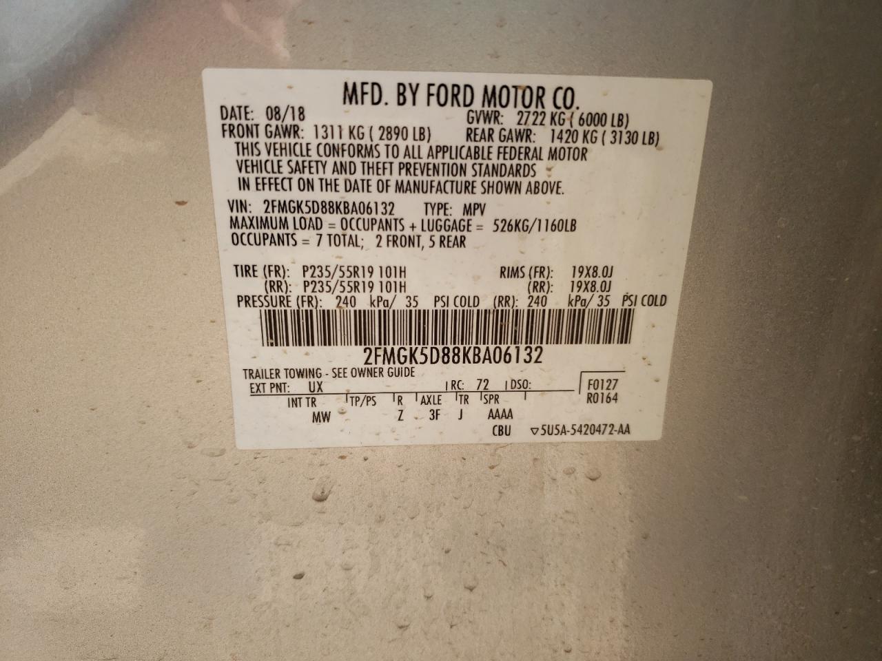 Photo 10 from auction – 2019 FORD FLEX LIMIT with VIN 2FMGK5D88KBA06132