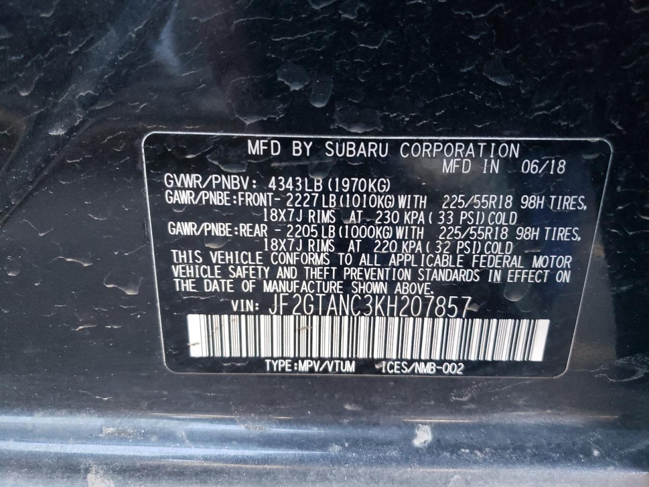 Photo 10 from auction – 2019 SUBARU CROSSTREK with VIN JF2GTANC3KH207857