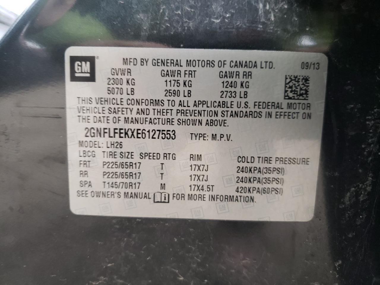 Photo 10 from auction – 2014 CHEVROLET EQUINOX LT with VIN 2GNFLFEKXE6127553