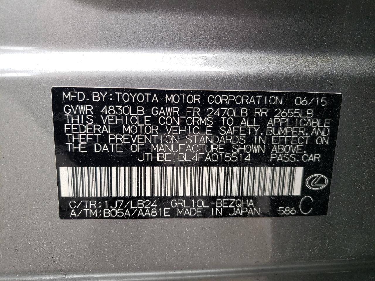 Photo 10 from auction – 2015 LEXUS GS 350 with VIN JTHBE1BL4FA015514