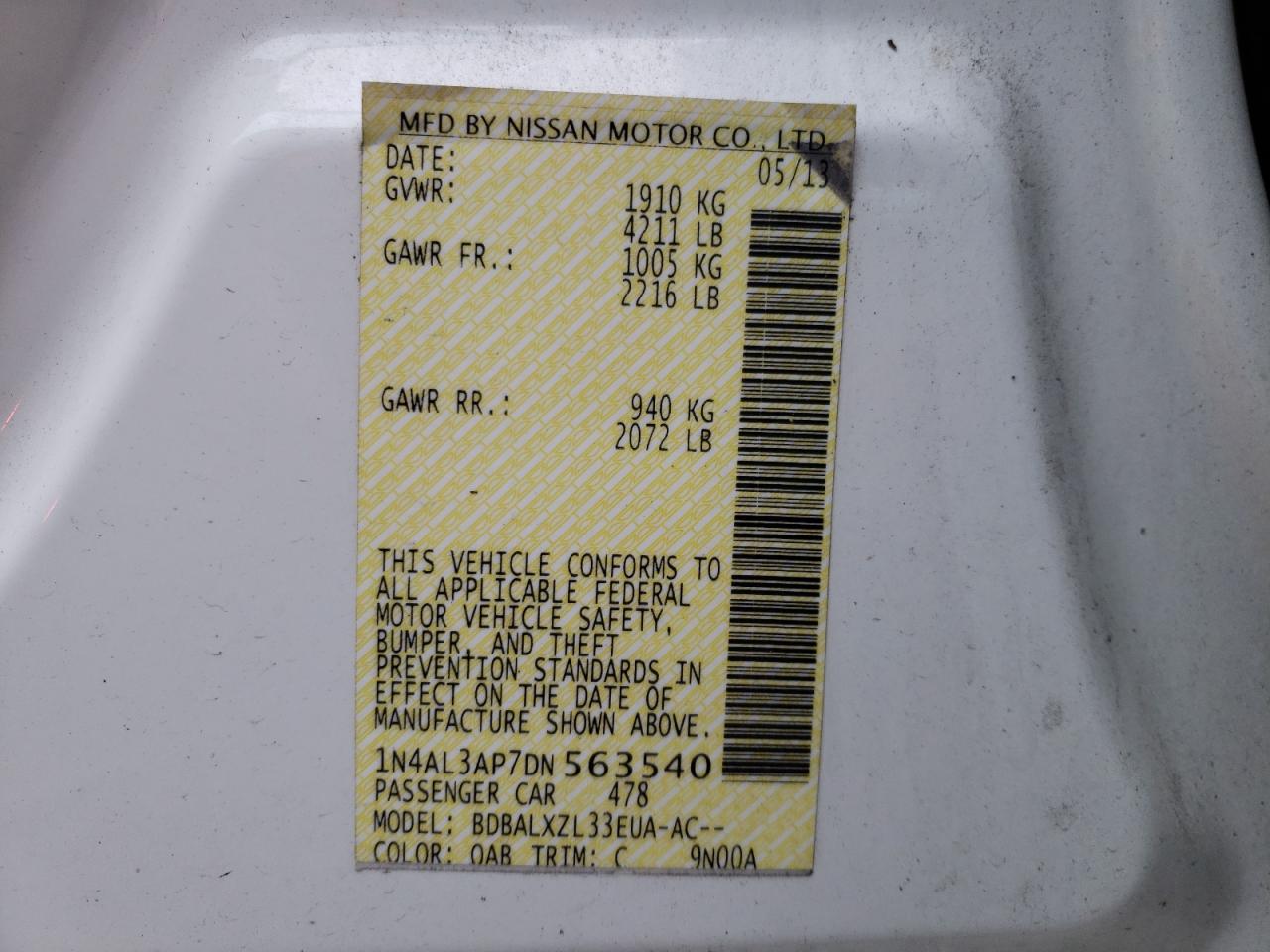 Photo 10 from auction – 2013 NISSAN ALTIMA 2.5 with VIN 1N4AL3AP7DN563540