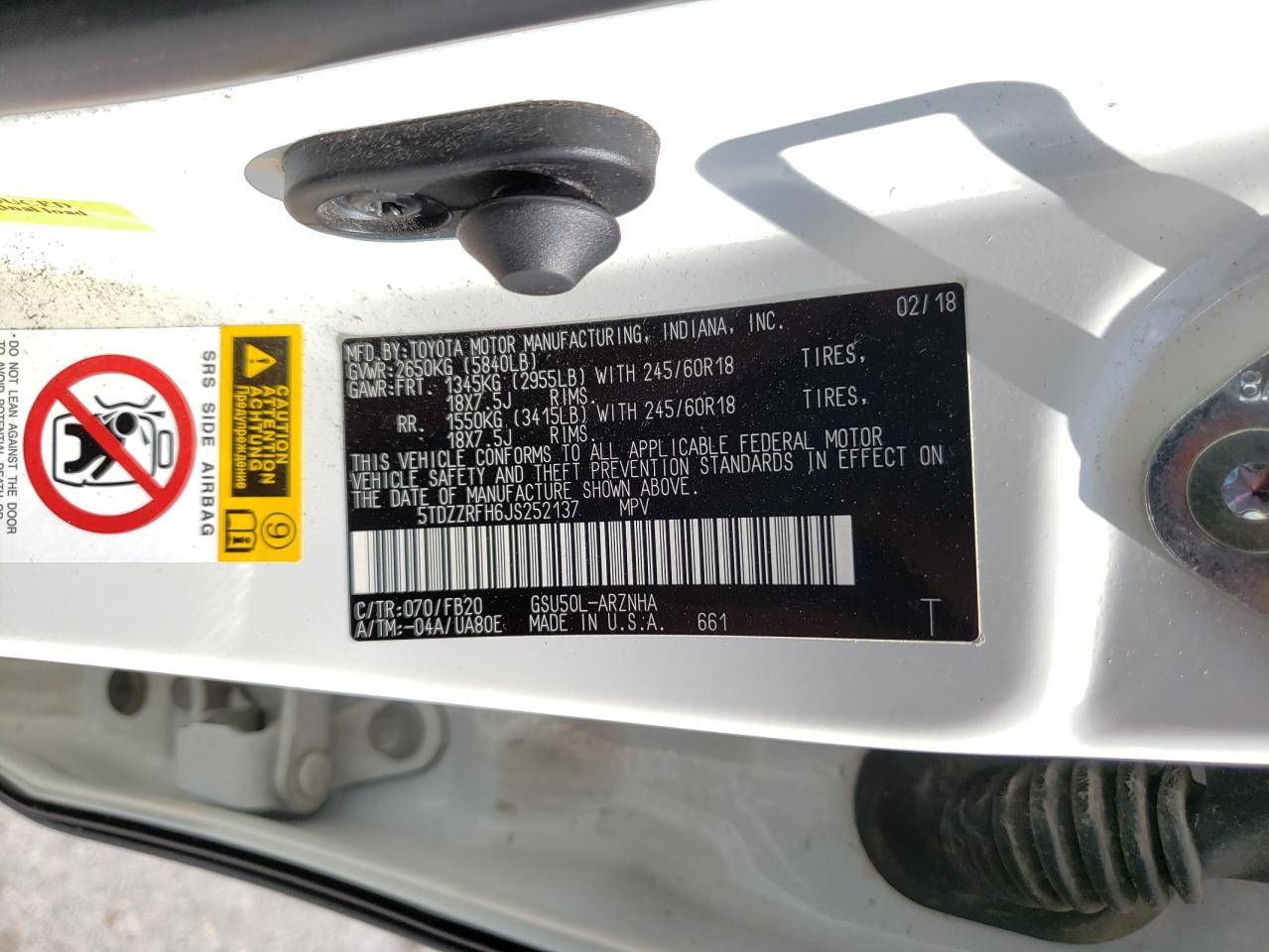 Photo 10 from auction – 2018 TOYOTA HIGHLANDER with VIN 5TDZZRFH6JS252137