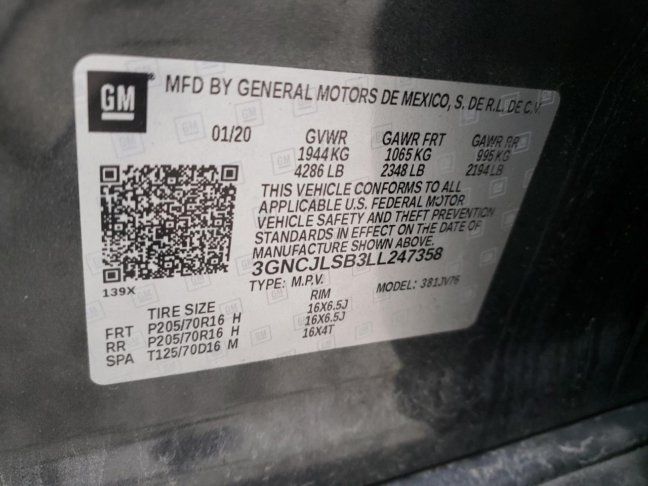 Photo 10 from auction – 2020 CHEVROLET TRAX 1LT with VIN 3GNCJLSB3LL247358