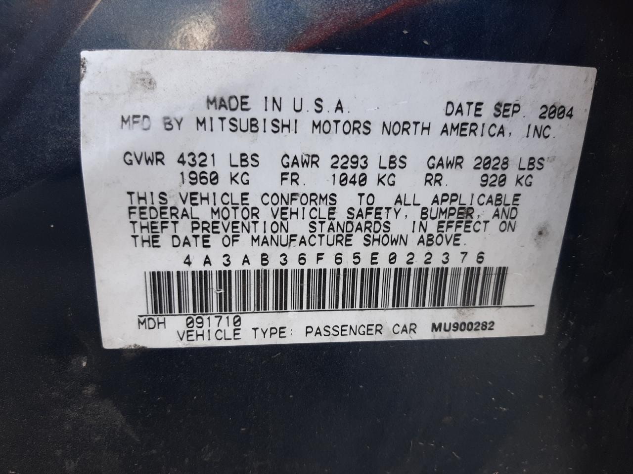 Photo 10 from auction – 2005 MITSUBISHI GALANT ES with VIN 4A3AB36F65E022376