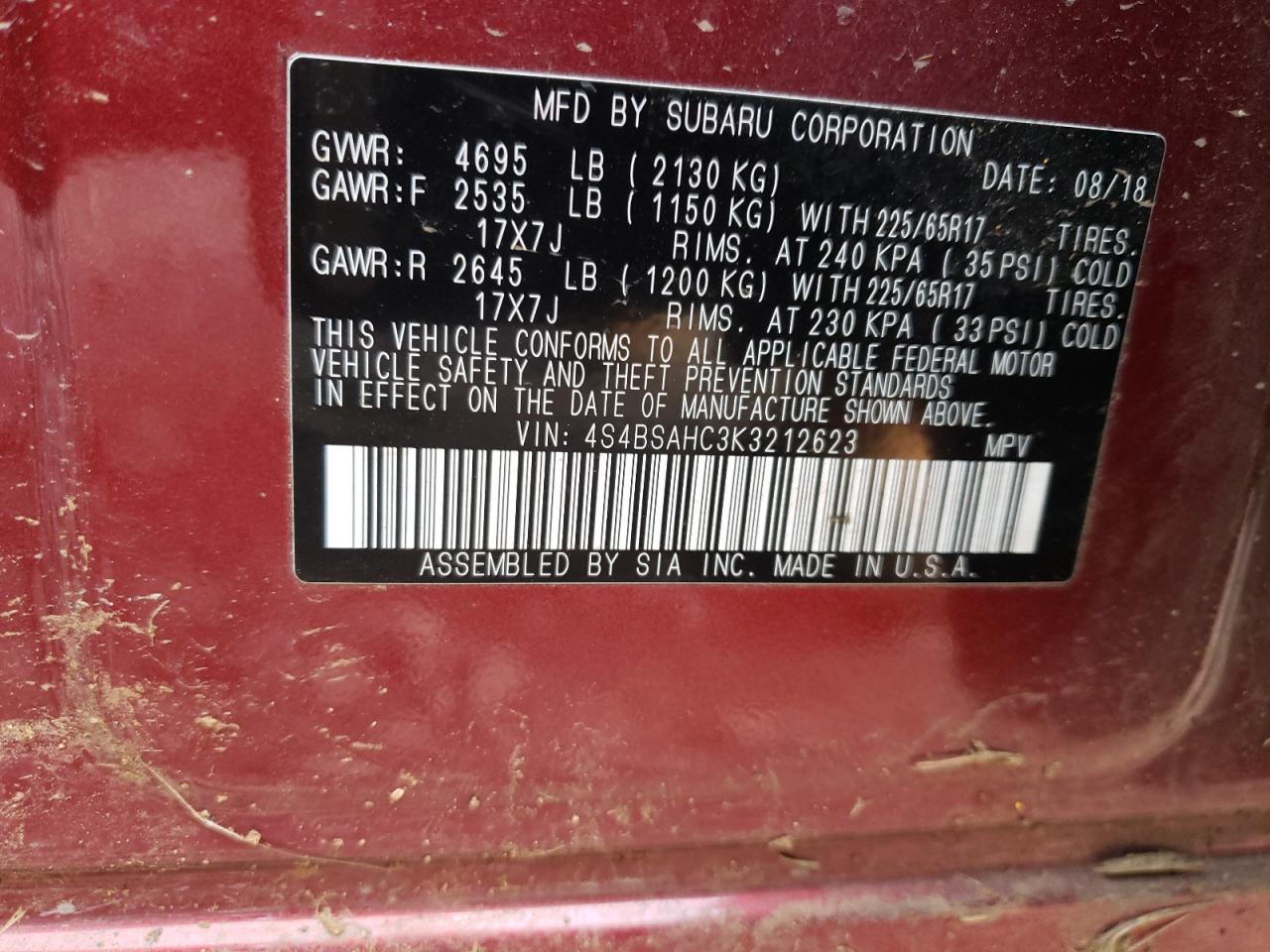 Zdjęcie 10 z aukcji – 2019 SUBARU OUTBACK z VIN 4S4BSAHC3K3212623