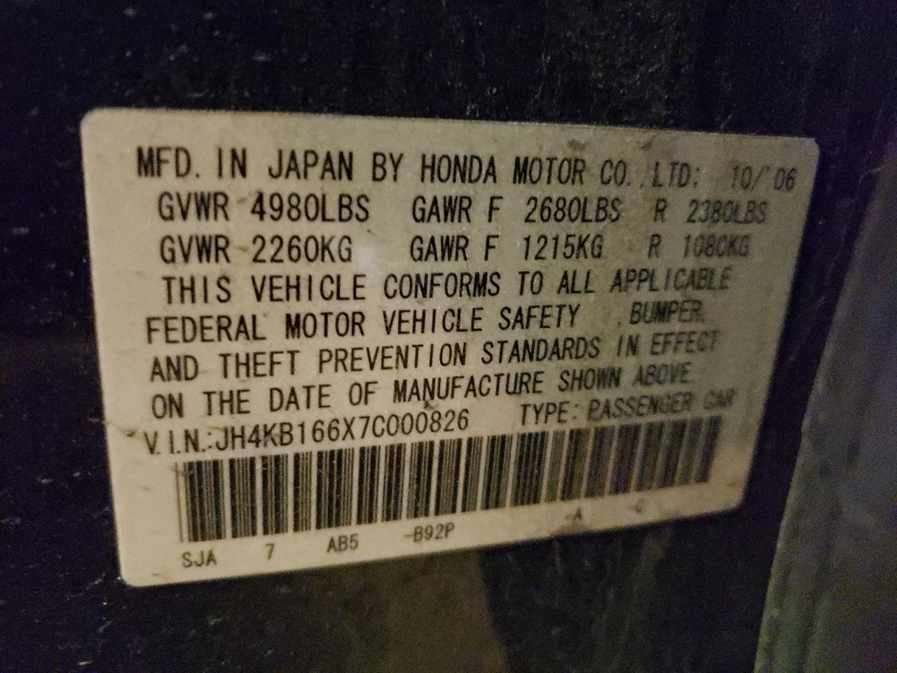 Photo 10 from auction – 2007 ACURA RL with VIN JH4KB166X7C000826