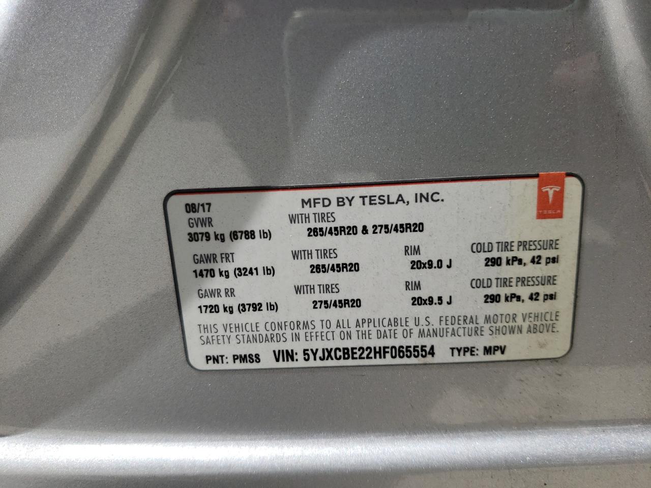 Photo 10 from auction – 2017 TESLA MODEL X with VIN 5YJXCBE22HF065554