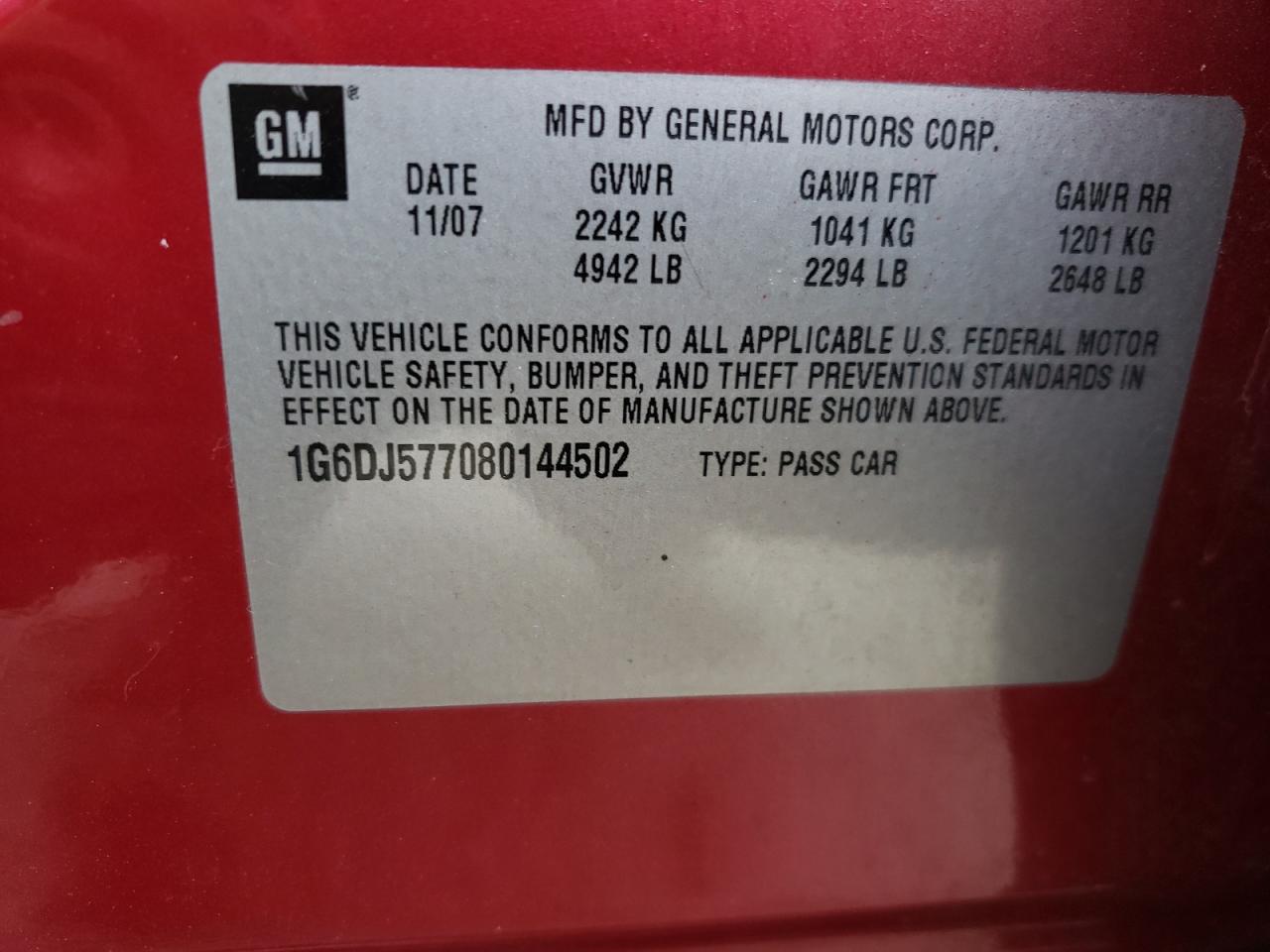 Photo 10 from auction – 2008 CADILLAC CTS with VIN 1G6DJ577080144502