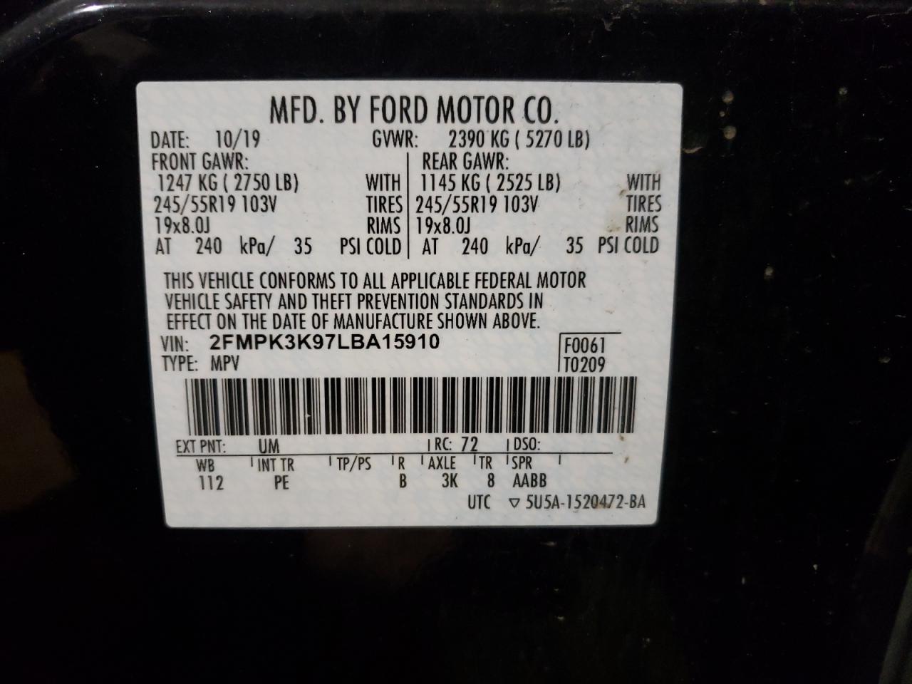 Photo 10 from auction – 2020 FORD EDGE TITAN with VIN 2FMPK3K97LBA15910