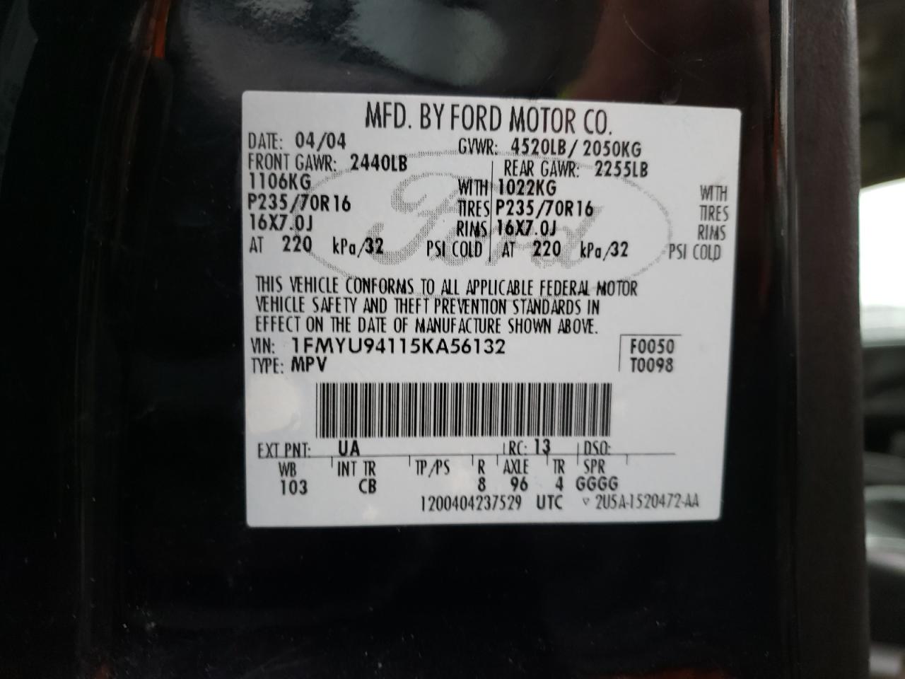 Photo 10 from auction – 2005 FORD ESCAPE LIM with VIN 1FMYU94115KA56132