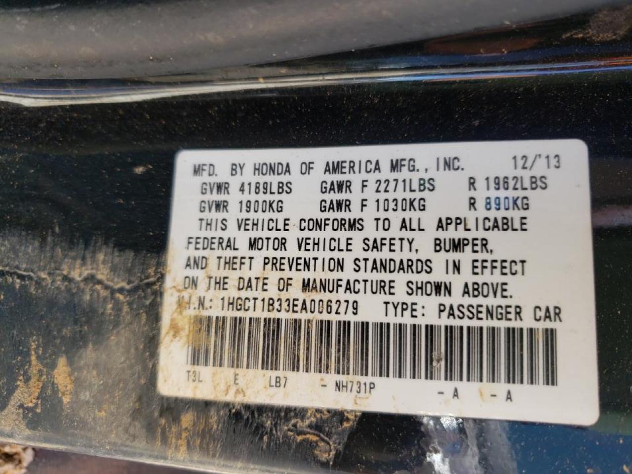 Photo 10 from auction – 2014 HONDA ACCORD LX- with VIN 1HGCT1B33EA006279