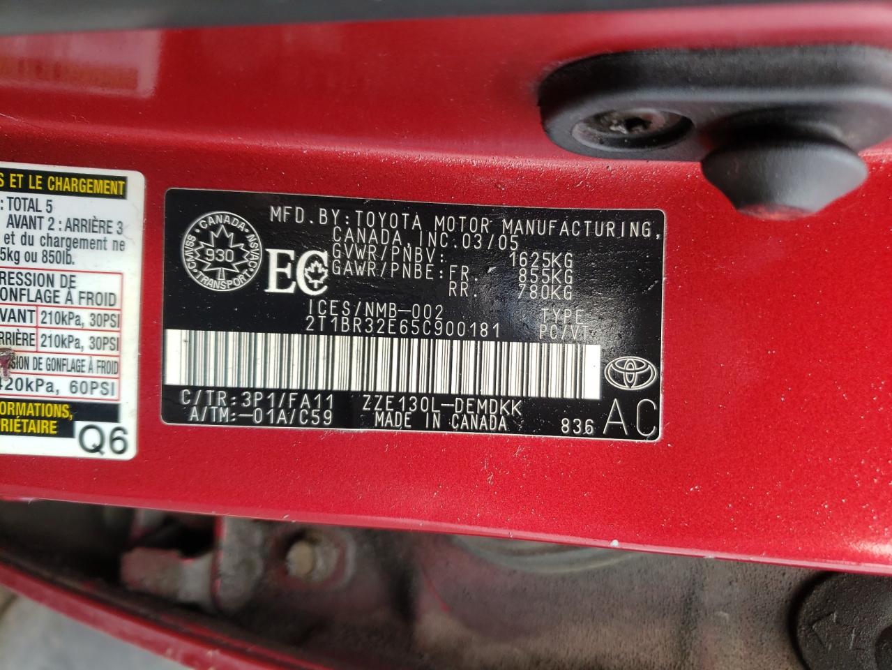 Photo 10 from auction – 2005 TOYOTA COROLLA CE with VIN 2T1BR32E65C900181