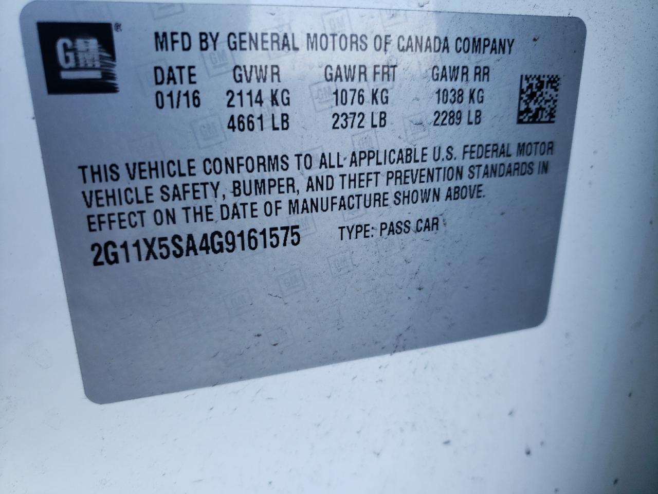 Photo 10 from auction – 2016 CHEVROLET IMPALA LS with VIN 2G11X5SA4G9161575