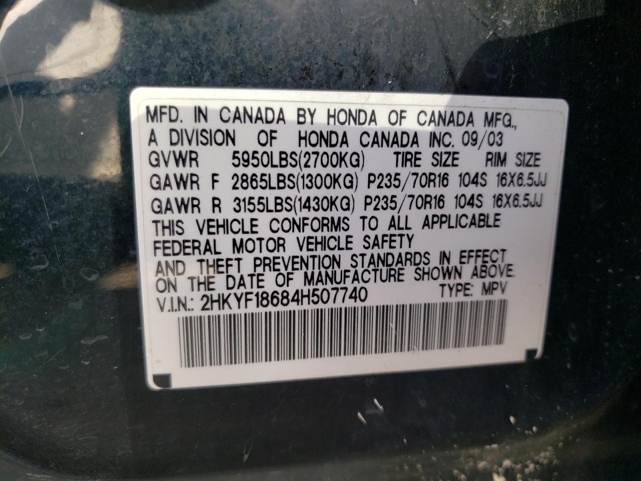 Photo 10 from auction – 2004 HONDA PILOT EXL with VIN 2HKYF18684H507740