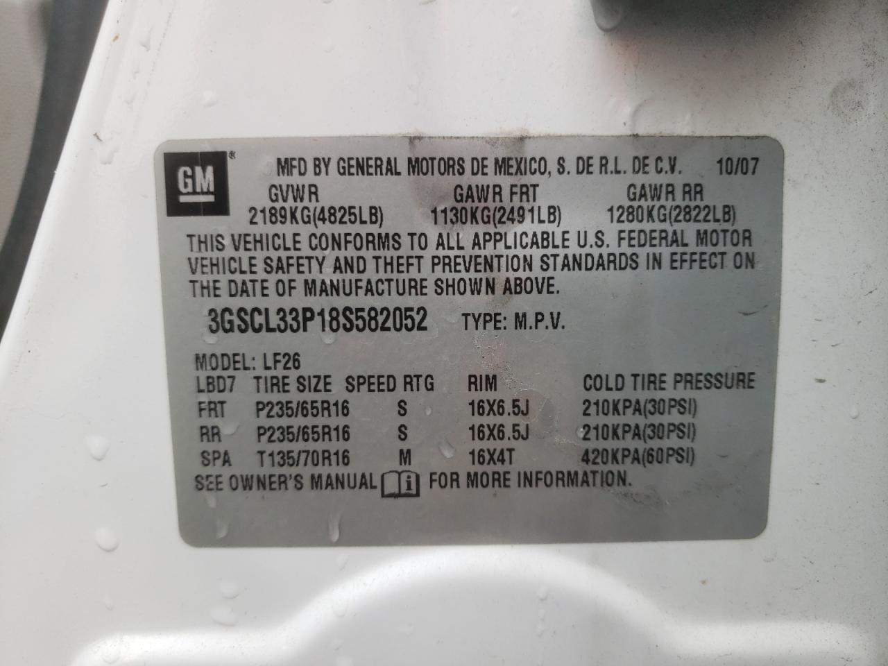 Photo 10 from auction – 2008 SATURN VUE XE with VIN 3GSCL33P18S582052
