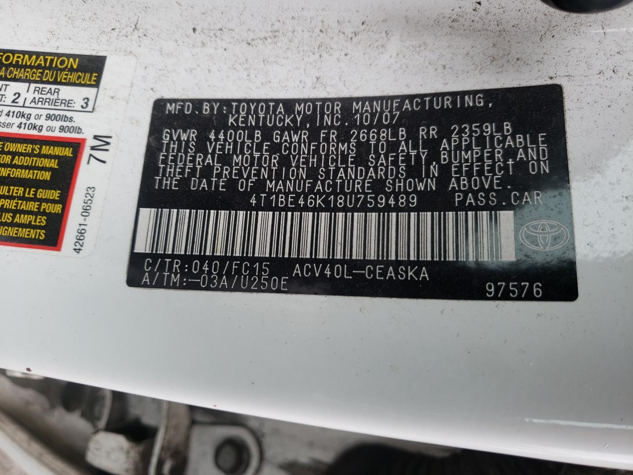 Photo 10 from auction – 2008 TOYOTA CAMRY CE with VIN 4T1BE46K18U759489