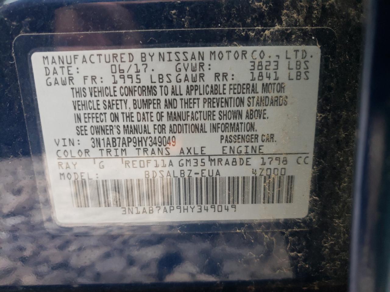 Photo 10 from auction – 2017 NISSAN SENTRA S with VIN 3N1AB7AP9HY349049