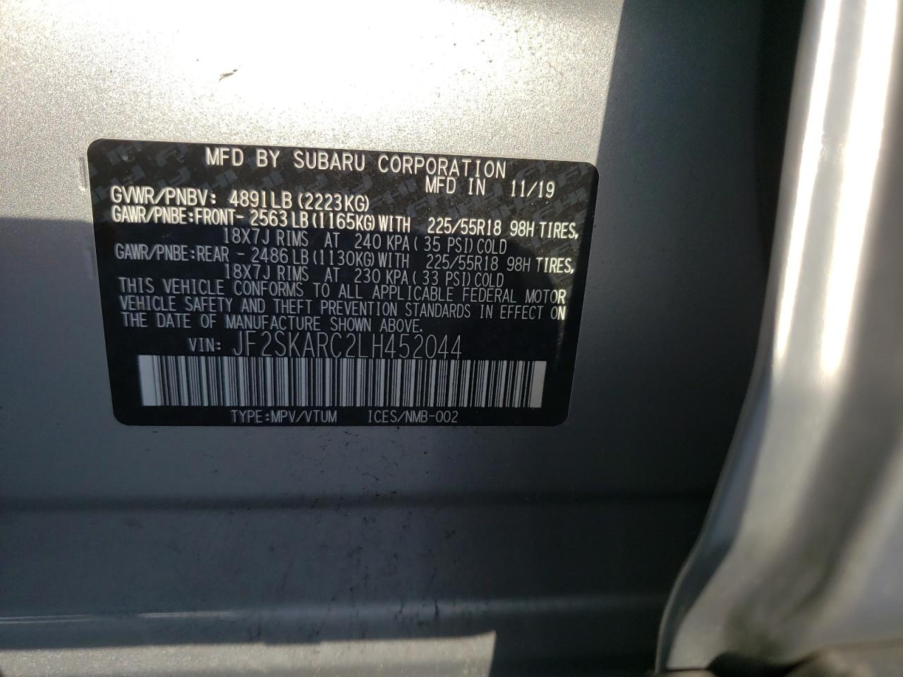 Photo 10 from auction – 2020 SUBARU FORESTER S with VIN JF2SKARC2LH452044