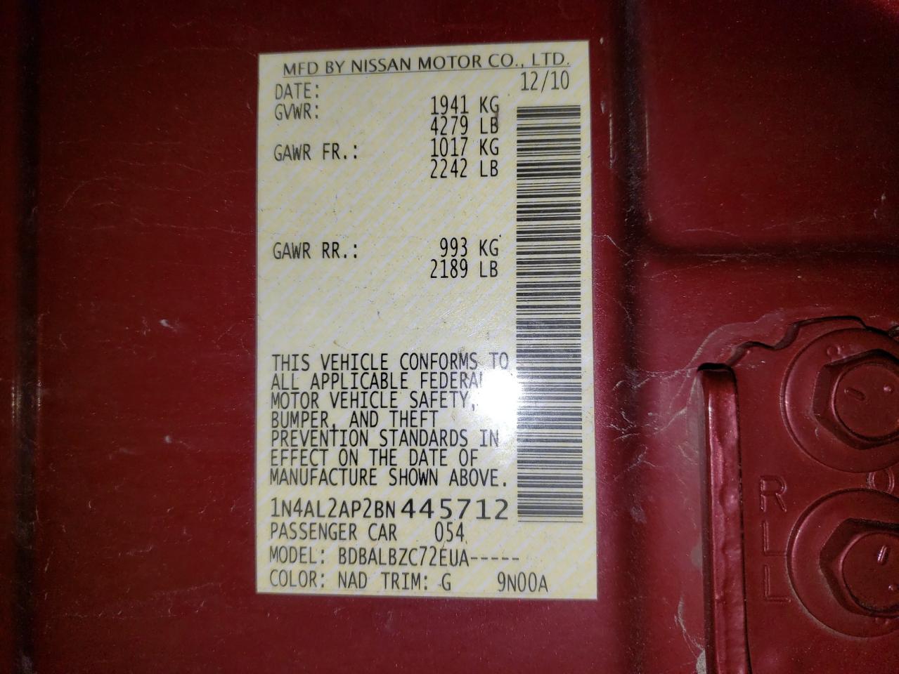 Photo 10 from auction – 2011 NISSAN ALTIMA BAS with VIN 1N4AL2AP2BN445712