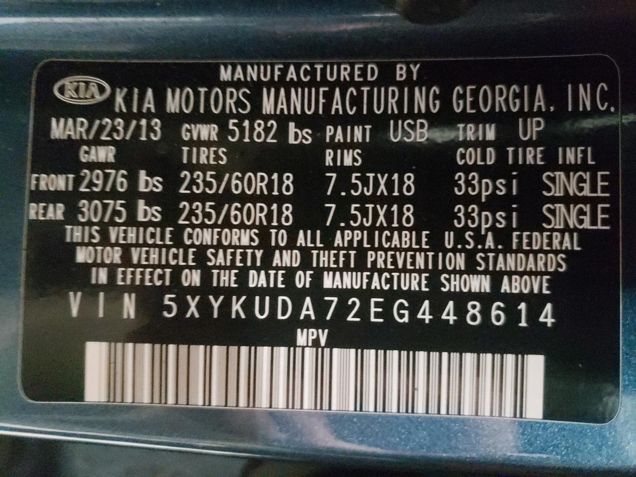 Photo 10 from auction – 2014 KIA SORENTO EX with VIN 5XYKUDA72EG448614