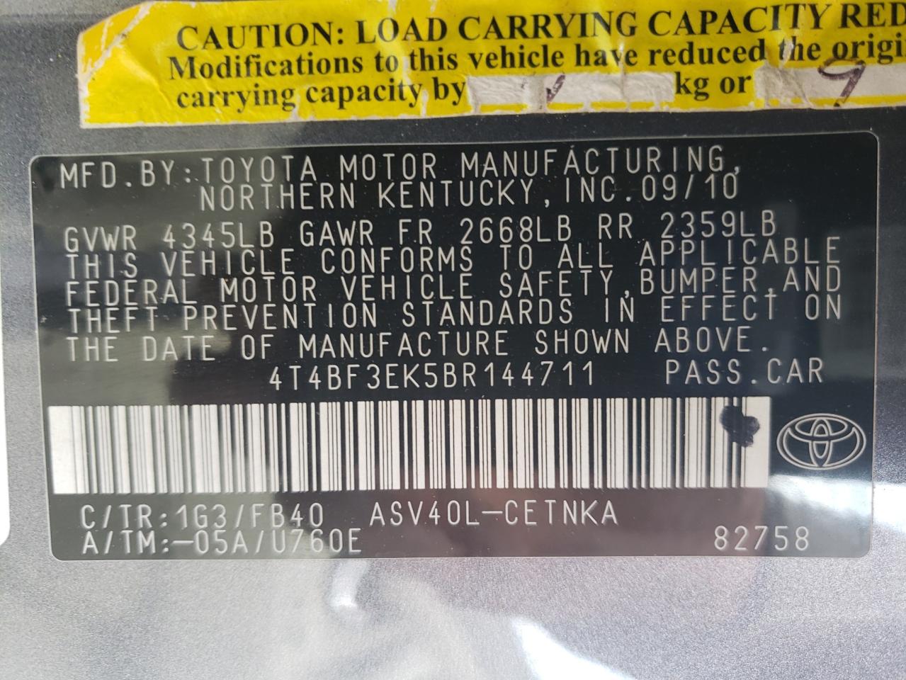 Photo 10 from auction – 2011 TOYOTA CAMRY BASE with VIN 4T4BF3EK5BR144711