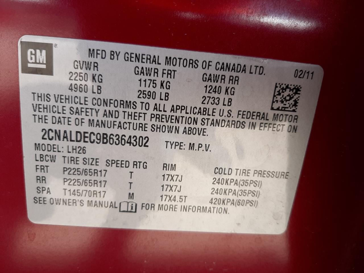 Photo 10 from auction – 2011 CHEVROLET EQUINOX LT with VIN 2CNALDEC9B6364302