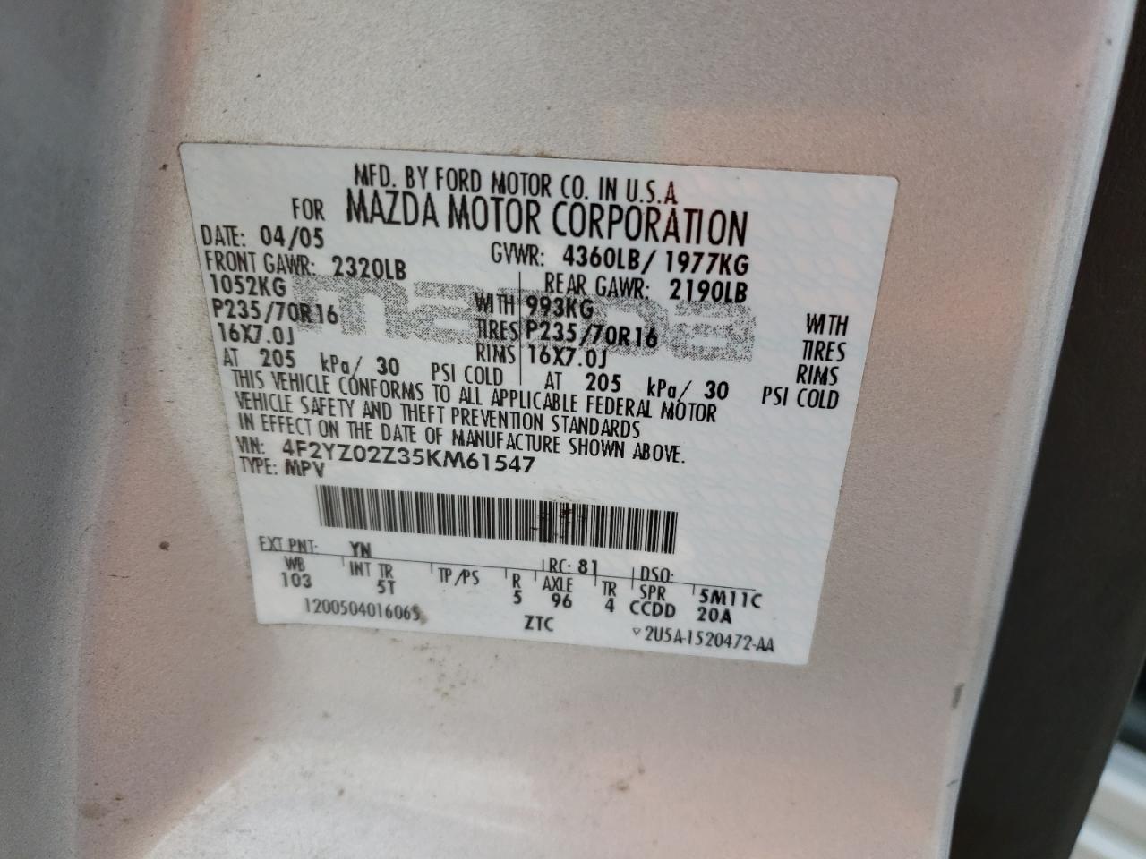 Photo 10 from auction – 2005 MAZDA TRIBUTE I with VIN 4F2YZ02Z35KM61547