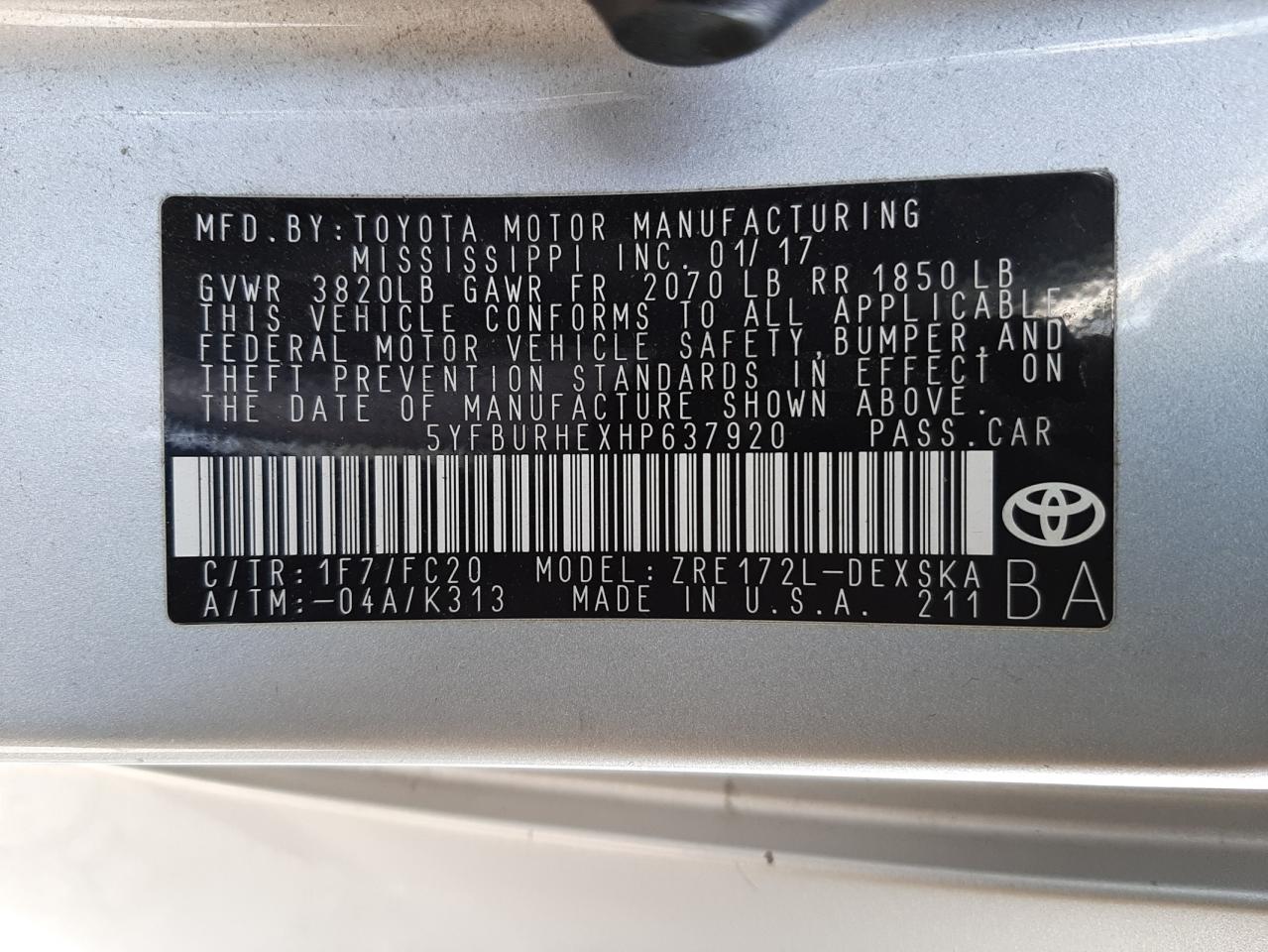 Photo 10 from auction – 2017 TOYOTA COROLLA L with VIN 5YFBURHEXHP637920