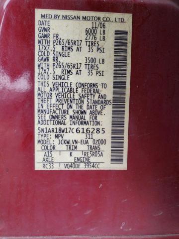Photo 10 from auction – 2007 NISSAN PATHFINDER with VIN 5N1AR18W17C616285