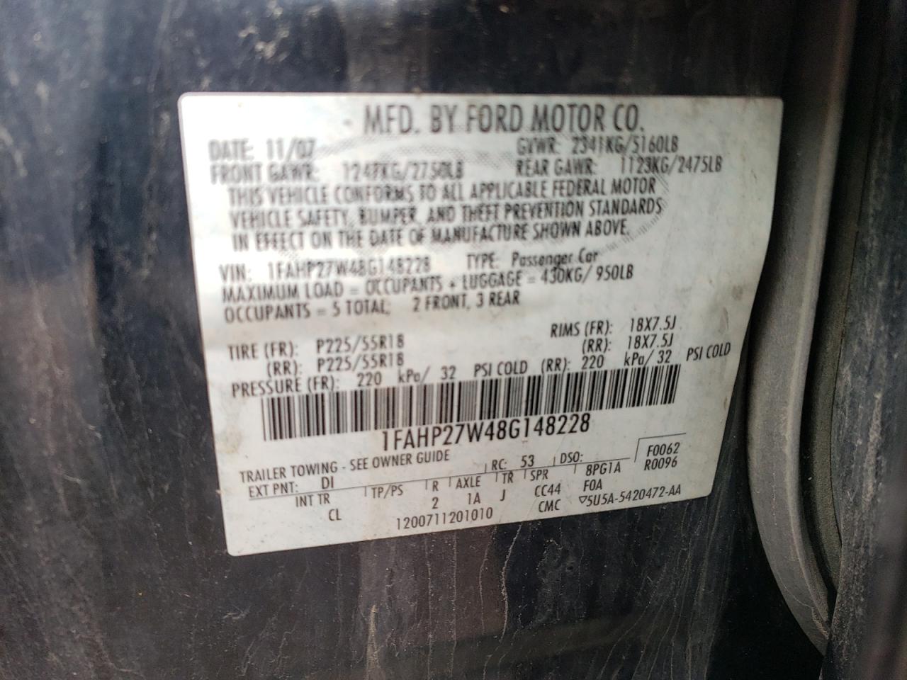 Photo 10 from auction – 2008 FORD TAURUS SEL with VIN 1FAHP27W48G148228