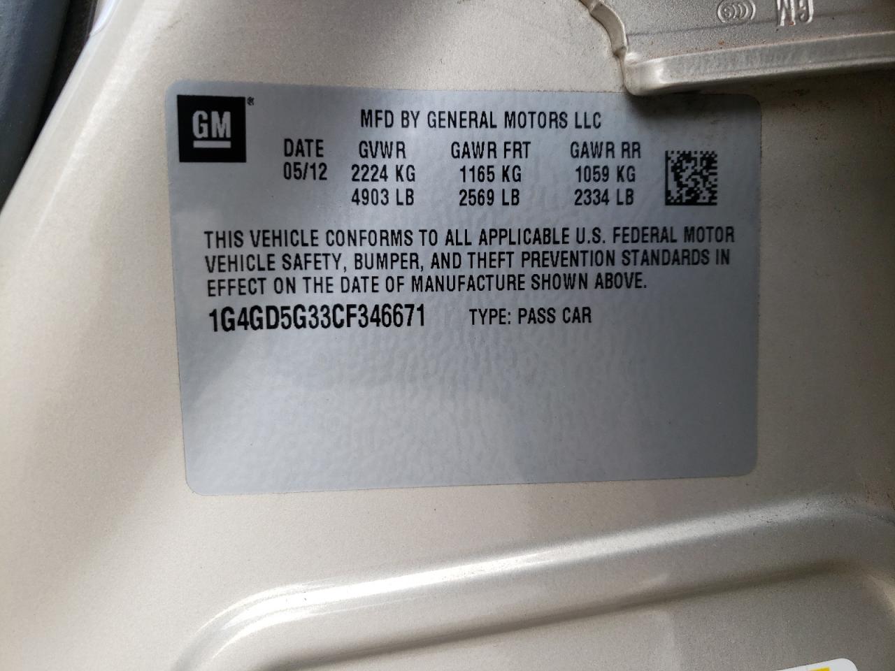 Photo 10 from auction – 2012 BUICK LACROSSE P with VIN 1G4GD5G33CF346671