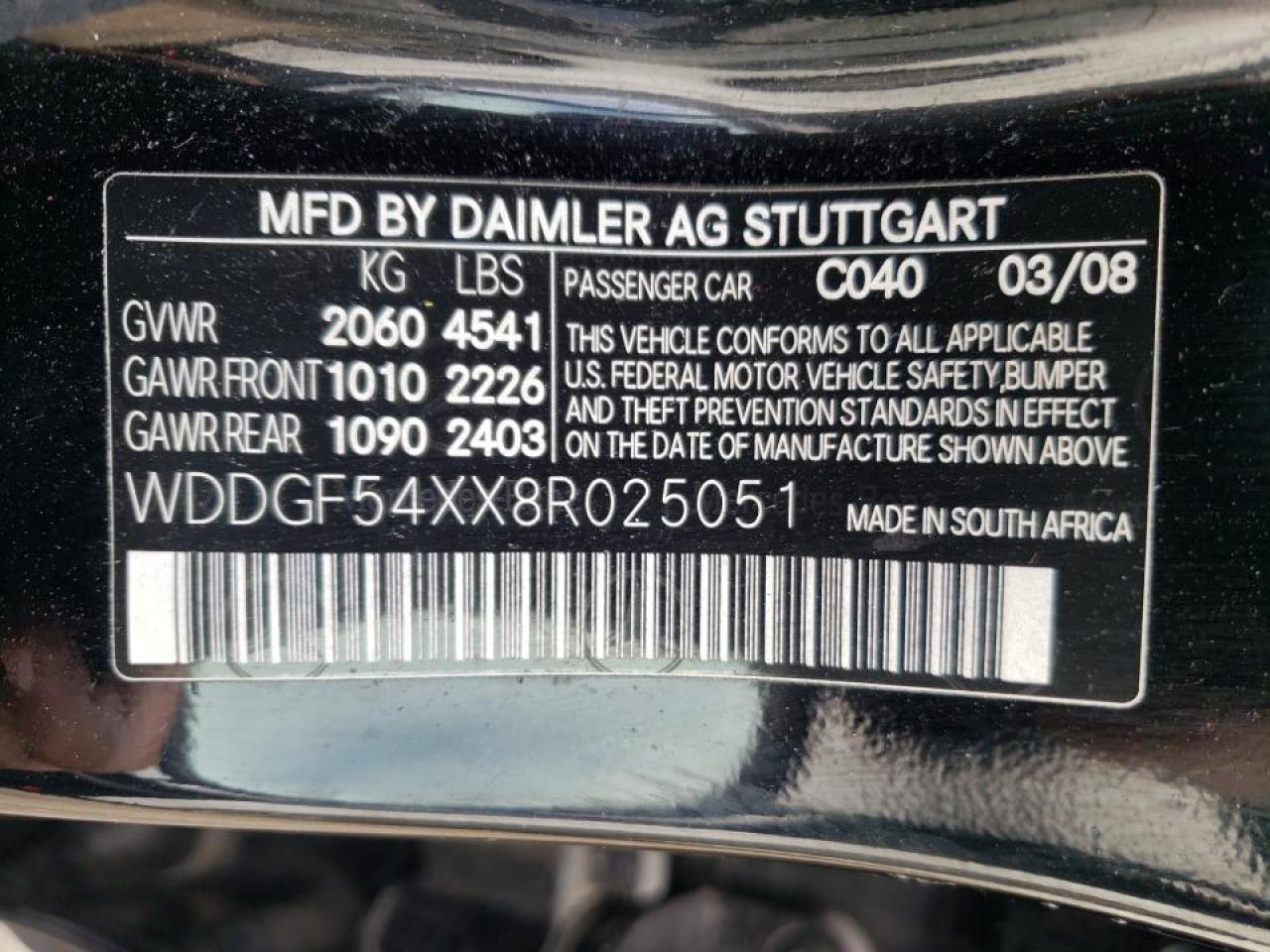 Photo 10 from auction – 2008 MERCURY C300 with VIN WDDGF54XX8R025051