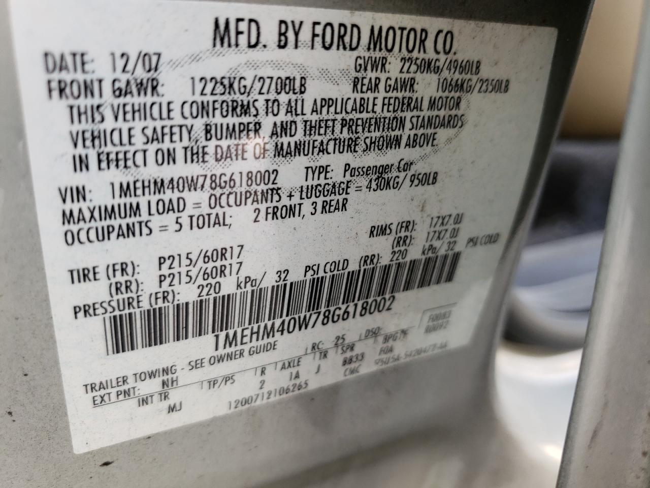 Photo 10 from auction – 2008 MERCURY SABLE LUXU with VIN 1MEHM40W78G618002