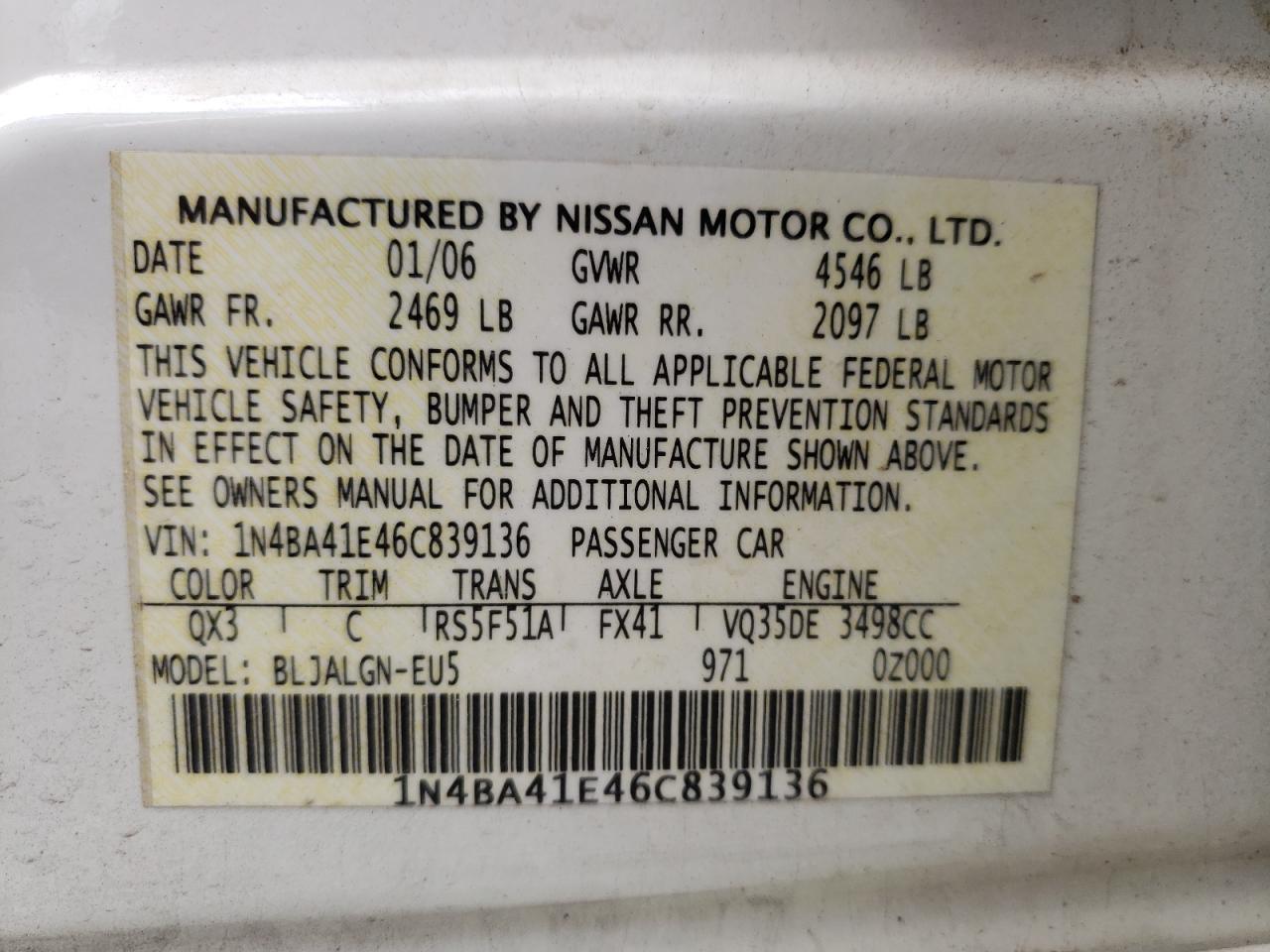 Photo 10 from auction – 2006 NISSAN MAXIMA SE with VIN 1N4BA41E46C839136
